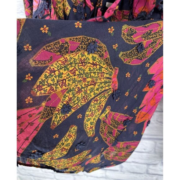 FARM RIO Women's Navy Patchwork Banana Ruffle Tie Neck Embroidered Blouse NWT M - Picture 2 of 6